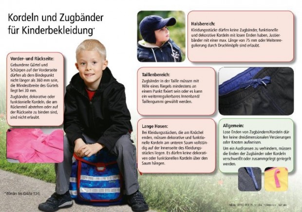 Grundsätzlich dürfen die Enden von Zugbändern/Kordeln von Kinderbekleidung keine Verzierungen oder Knoten aufweisen. Sichere Alternativen dazu sind verriegelte oder verschweißte Kordelenden. Reißverschlüsse dürfen eine Gesamtlänge von 75 mm nicht überschreiten © Hohenstein Institute ®