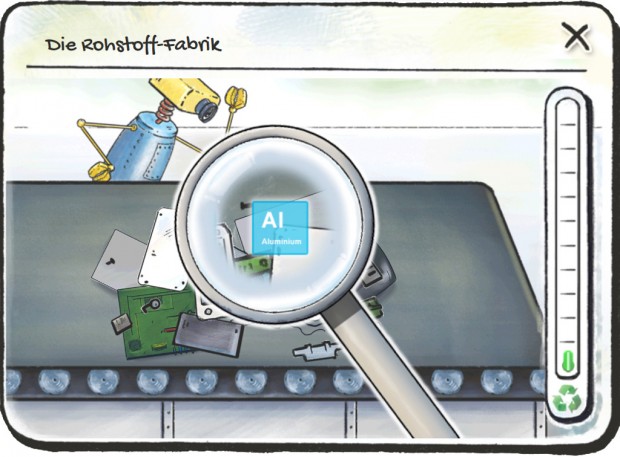 Die Rohstoff-Fabrik: Mit einer Lupe suchen die Besucher in den Einzelteilen zerlegter alter Elektrogeräte nach wertvollen Rohstoffen. © Fraunhofer