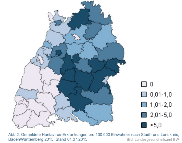 Abb.2: Gemeldete Hantavirus-Erkrankungen pro 100.000 Einwohner nach Stadt- und Landkreis, BadenWürttemberg 2015, Stand 01.07.2015