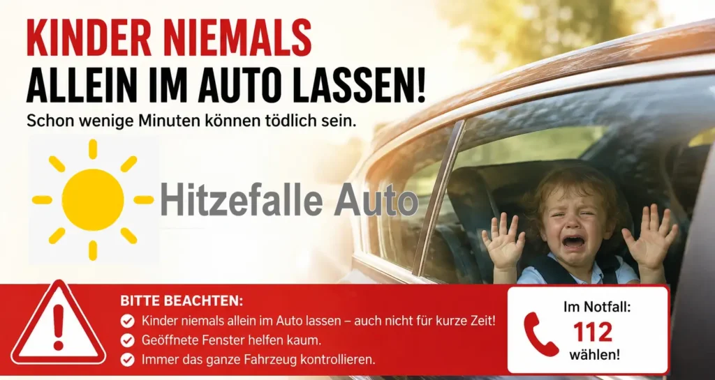 Sommer: Lebensgefahr! – Kinder nicht alleine im Auto lassen!

