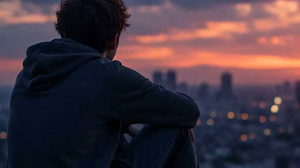 Nachdenklicher Blick über die Stadt - Zukunftsängste junge Menschen Nachdenklicher Blick über die Stadt - Zukunftsängste junge Menschen