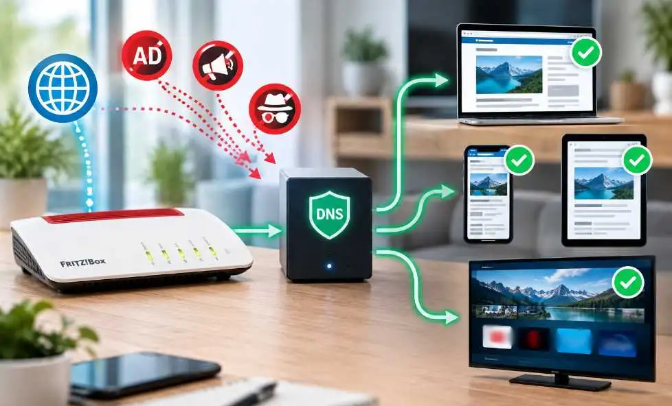 Werbung und Popups lassen sich im Heimnetz der FRITZ!Box über DNS-Filterung weitestgehend blockieren Werbung und Popups lassen sich im Heimnetz der FRITZ!Box über DNS-Filterung weitestgehend blockieren