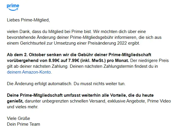 Bereits kurz nach bekanntwerden des Urteils, hat Amazon seine Prime Kunden per Email informiert! Bereits kurz nach bekanntwerden des Urteils, hat Amazon seine Prime Kunden per Email informiert!
